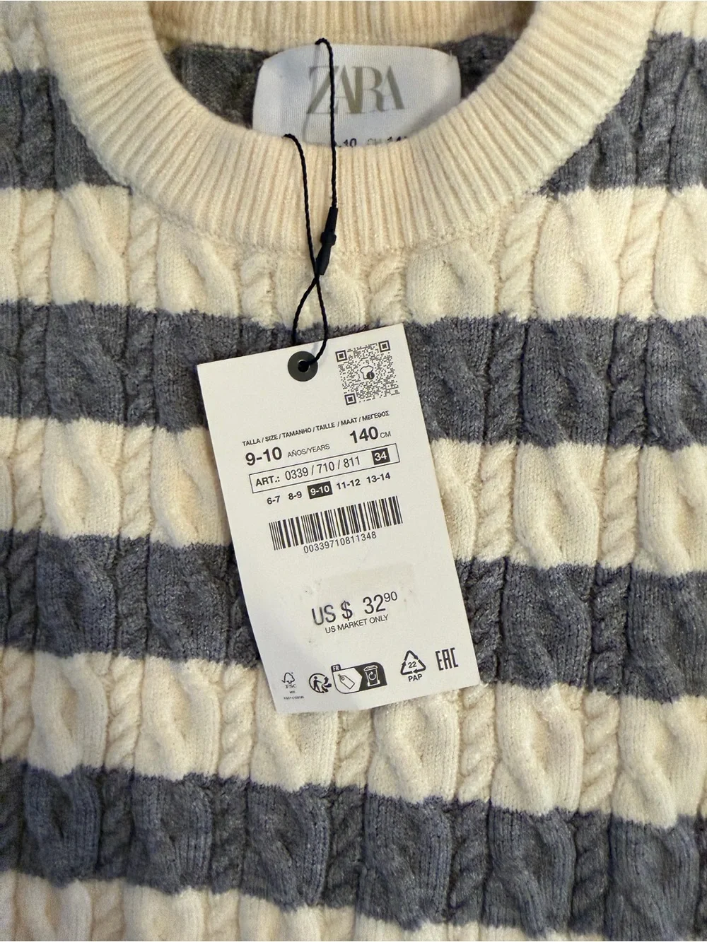 ZARA Cream and Gray Striped Cable-Knit Crewneck Sweater